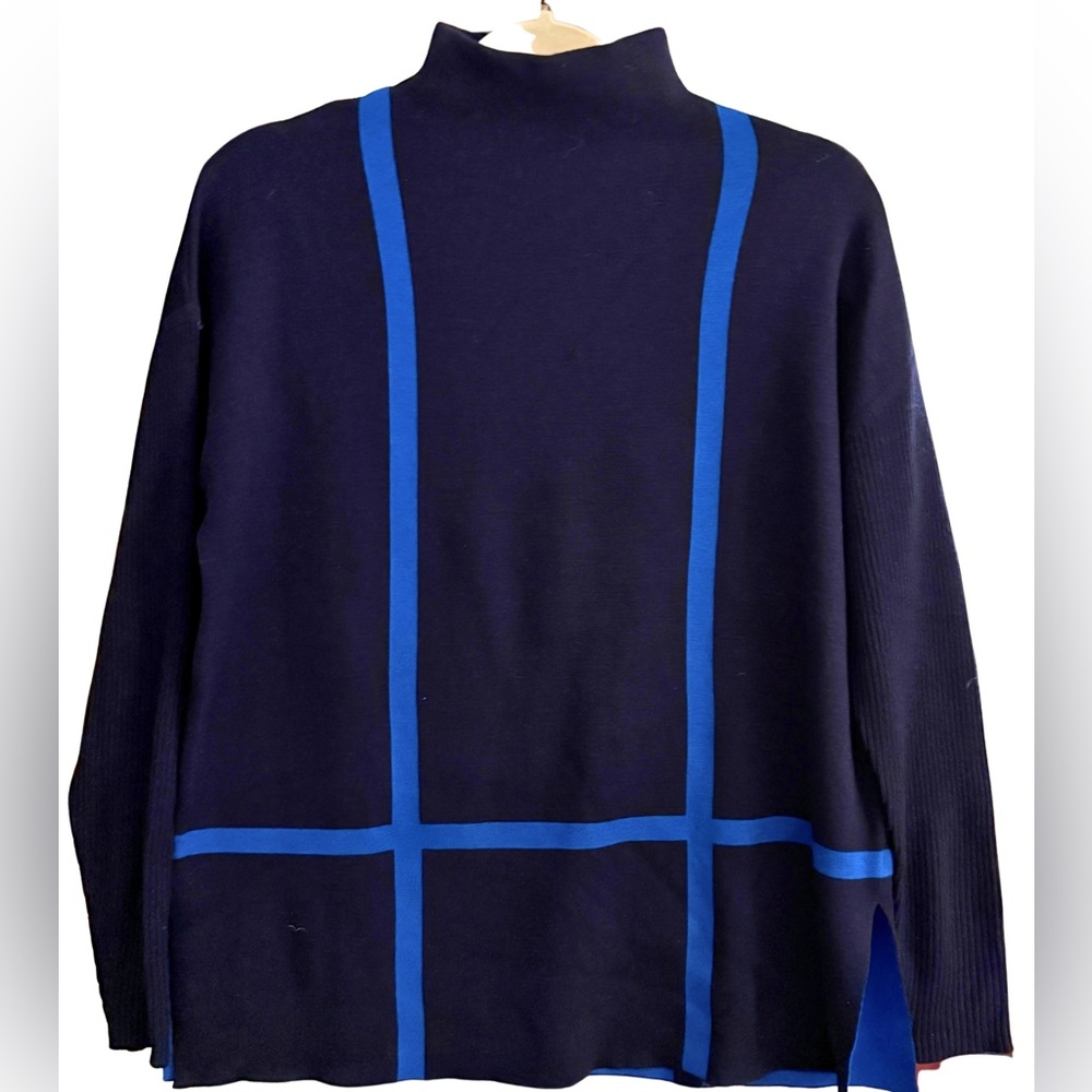 St.John Navy Royal Blue Windowpane Mock Neck Wool Cashmere Sweater S Luxury